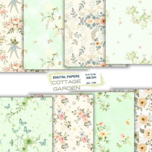soft cottage garden digital paper pack ,seamless botanical patterns