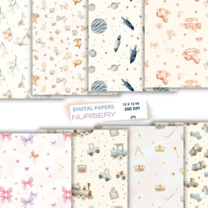 elegant nursery digital paper bundle for girls — soft pastel florals & watercolor baby patterns, seamless 12x12 inch papers for scrapbooking & nursery decor